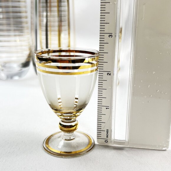 Frosted Vintage Glass Decanter Set Gold Striped with Stopper & 3 Stemmed Glasses - Picture 10 of 11